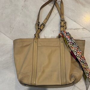 Coach Tan Tote with Multicolor Scarf Accent